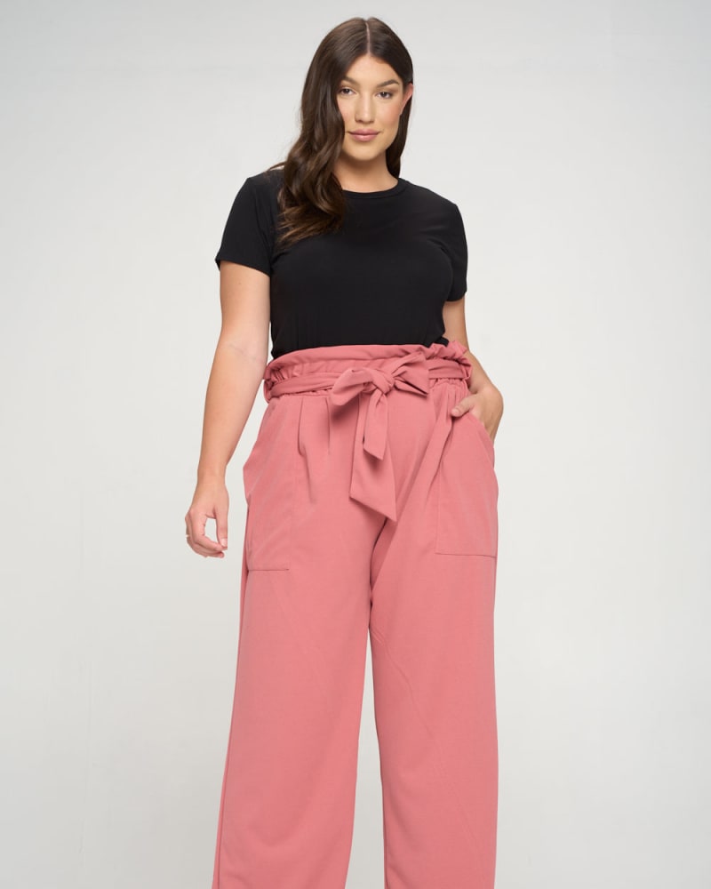 Front of a model wearing a size 1X Kathleen Paperbag Pants in Cinnamon New by L I V D. | dia_product_style_image_id:240693